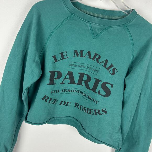 Anthropologie Green Paris Graphic Long Sleeve Cropped Crew Neck Sweatshirt S - Picture 2 of 6